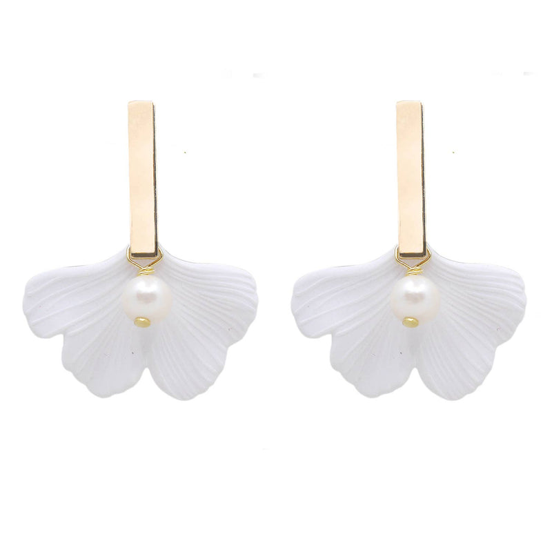 White Ginkgo Leaf & Fresh Water Pearl Statement Earring