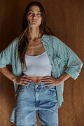Woven Cotton Collar Neck Button Front Long Sleeve: Green