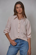 Woven Cotton Collar Neck Button Front Long Sleeve: Pink