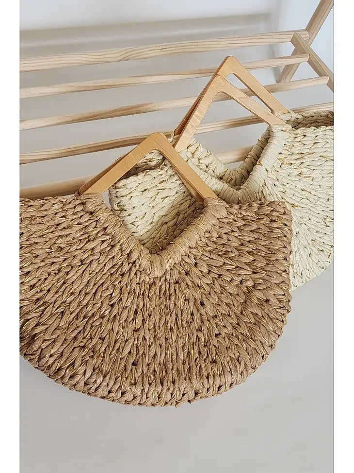 GOLD ACCENT RATTAN STRAW BAG WITH DIAMOND HANDLE (PINK)