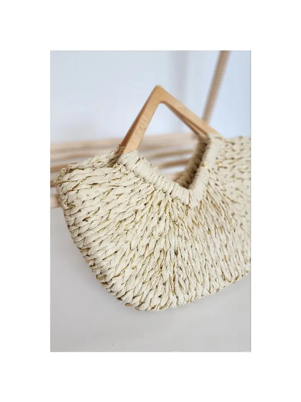 GOLD ACCENT RATTAN STRAW BAG WITH DIAMOND HANDLE (PINK) - alternate