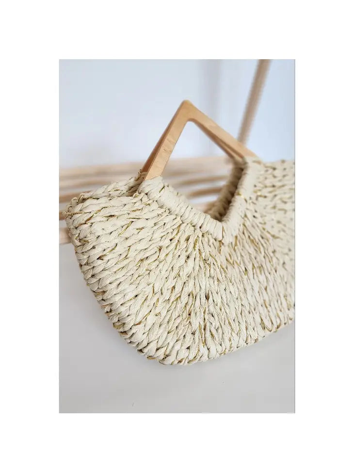 GOLD ACCENT RATTAN STRAW BAG WITH DIAMOND HANDLE (PINK)