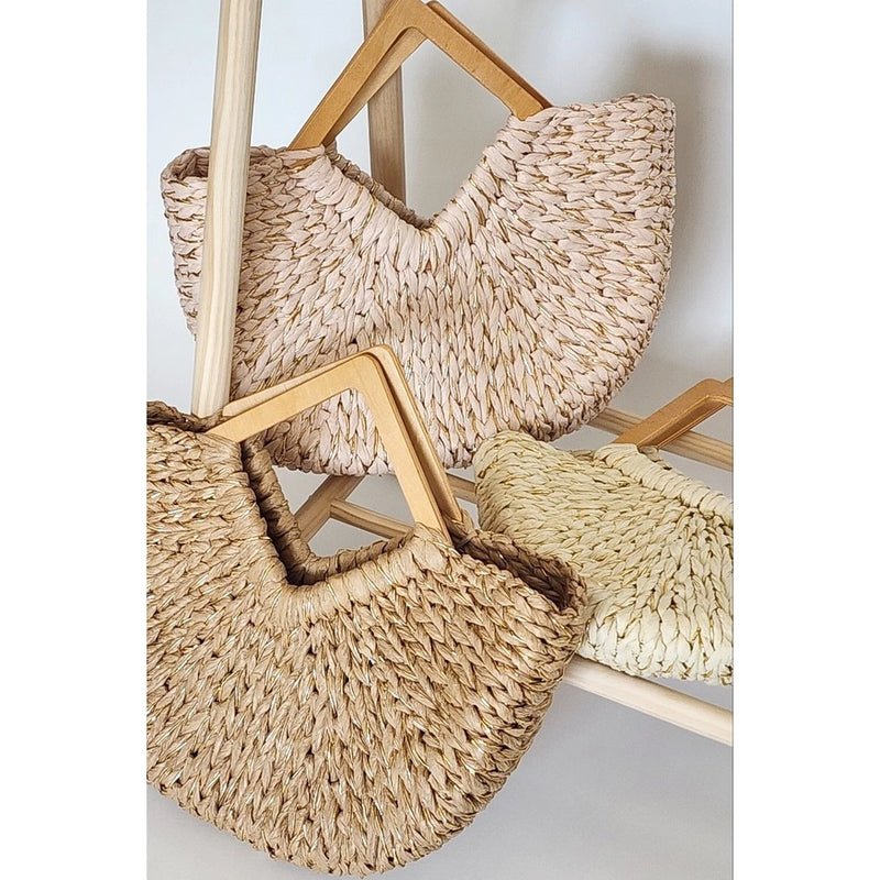 GOLD ACCENT RATTAN STRAW BAG WITH DIAMOND HANDLE (IVORY)