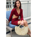 GOLD ACCENT RATTAN STRAW BAG WITH DIAMOND HANDLE (IVORY)