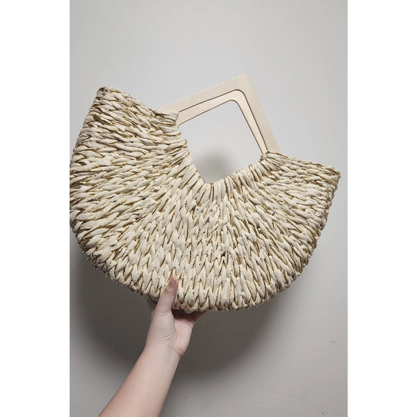 GOLD ACCENT RATTAN STRAW BAG WITH DIAMOND HANDLE (NATURAL)