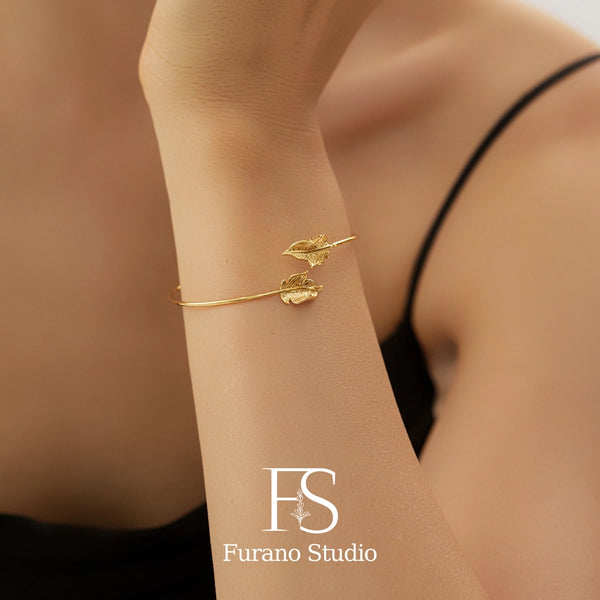 Gold Leaf Bracelet, Non Tarnish Gold Open Bangle Bracelet - alternate