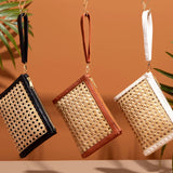 Tan Woven  Rattan & Leather  Wristlet Pouch  | Summer Luxe