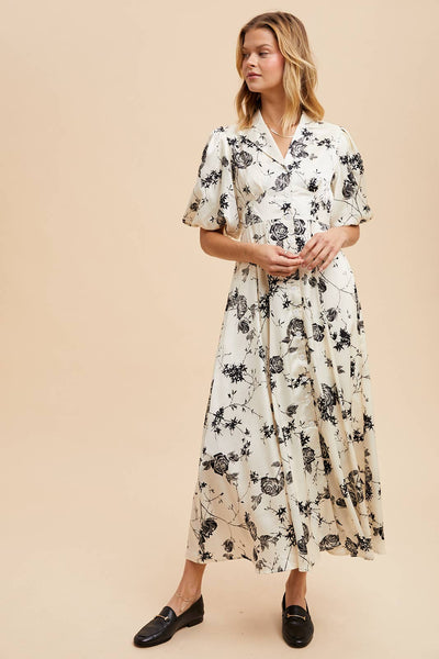 SATIN FLORAL BUTTON DOWN DRESS: CREME / S