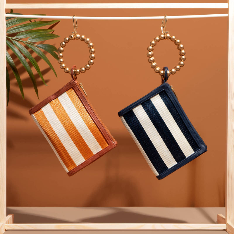 Navy Blue Stripe Woven Straw Wristlet Pouch | Summer Style