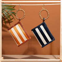 Navy Blue Stripe Woven Straw Wristlet Pouch | Summer Style