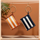 Navy Blue Stripe Woven Straw Wristlet Pouch | Summer Style