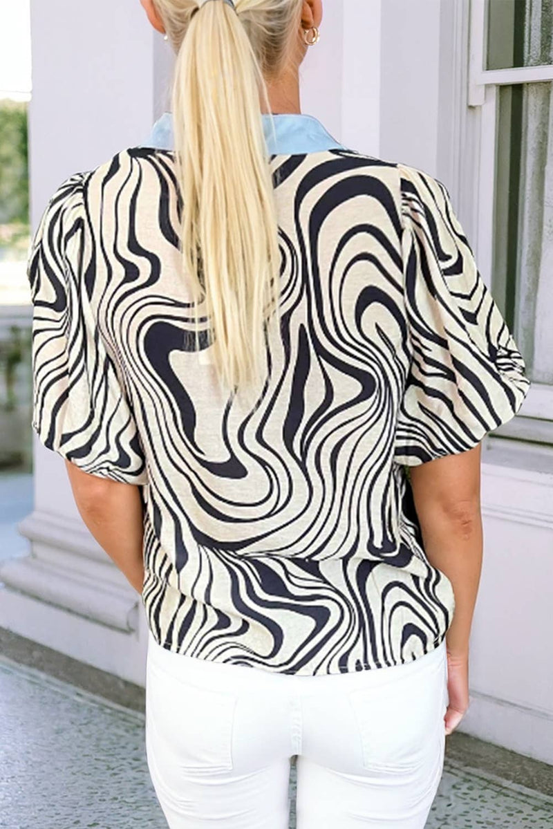Zebra Stripe Print Contrast V-Neck Ricrac Blouse