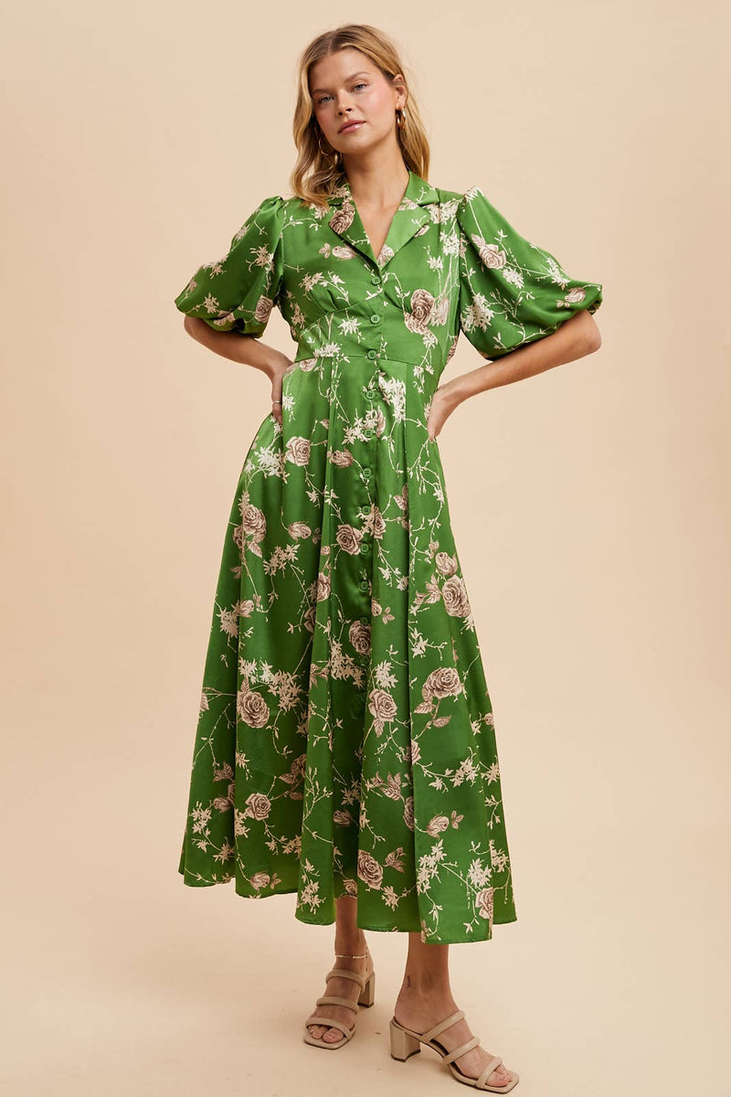 SATIN FLORAL BUTTON DOWN DRESS