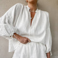 Solid color V-neck top shorts cotton linen suit