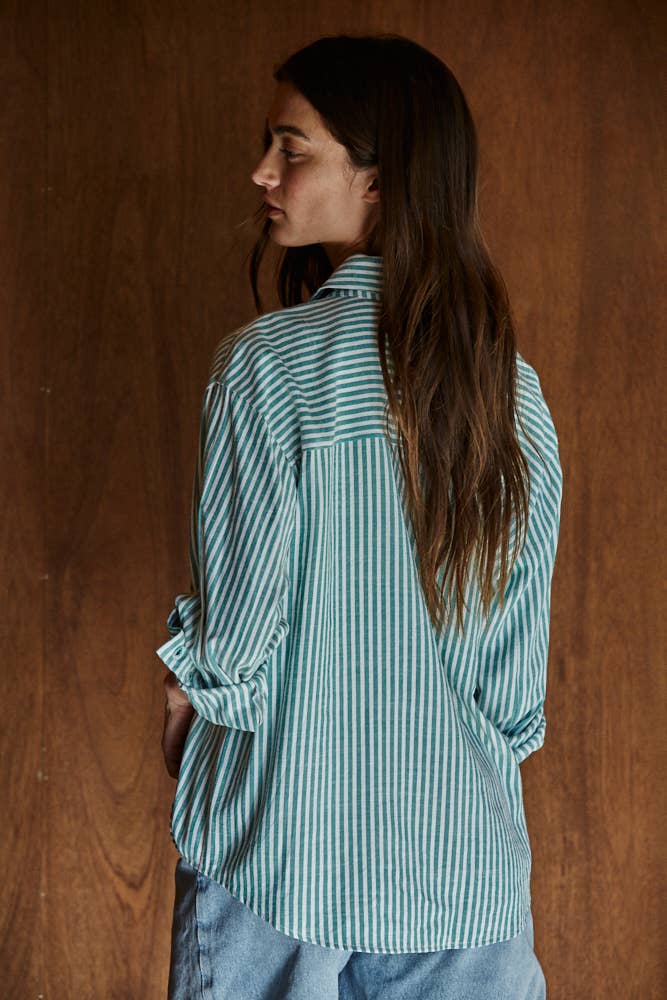 Woven Cotton Collar Neck Button Front Long Sleeve: Green