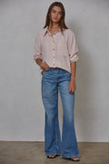 Woven Cotton Collar Neck Button Front Long Sleeve: Pink