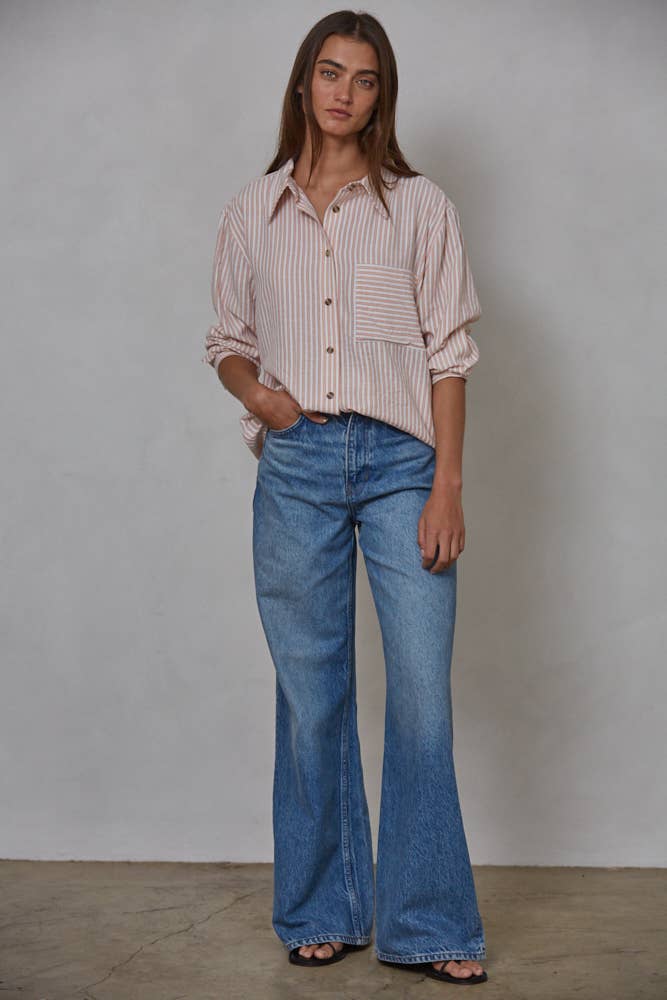 Woven Cotton Collar Neck Button Front Long Sleeve: Pink