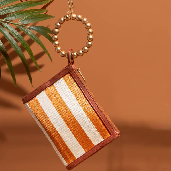 Orange Stripe Woven Straw Wristlet Pouch | Summer Style