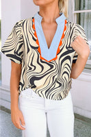 Zebra Stripe Print Contrast V-Neck Ricrac Blouse