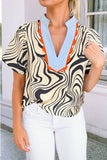 Zebra Stripe Print Contrast V-Neck Ricrac Blouse
