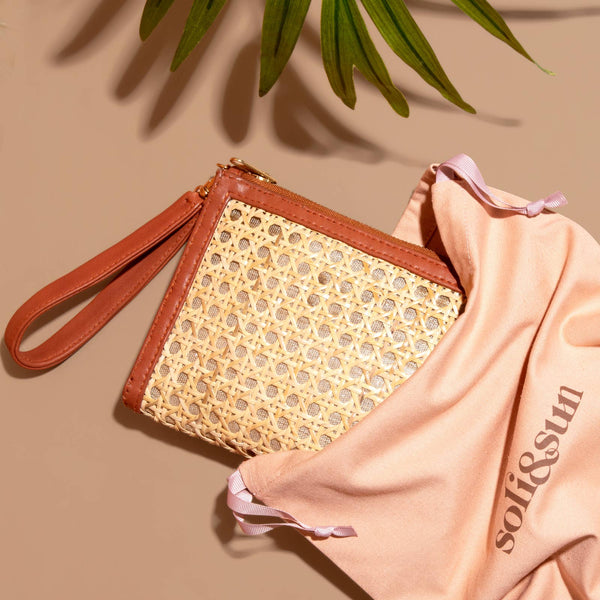 Tan Woven  Rattan & Leather  Wristlet Pouch  | Summer Luxe