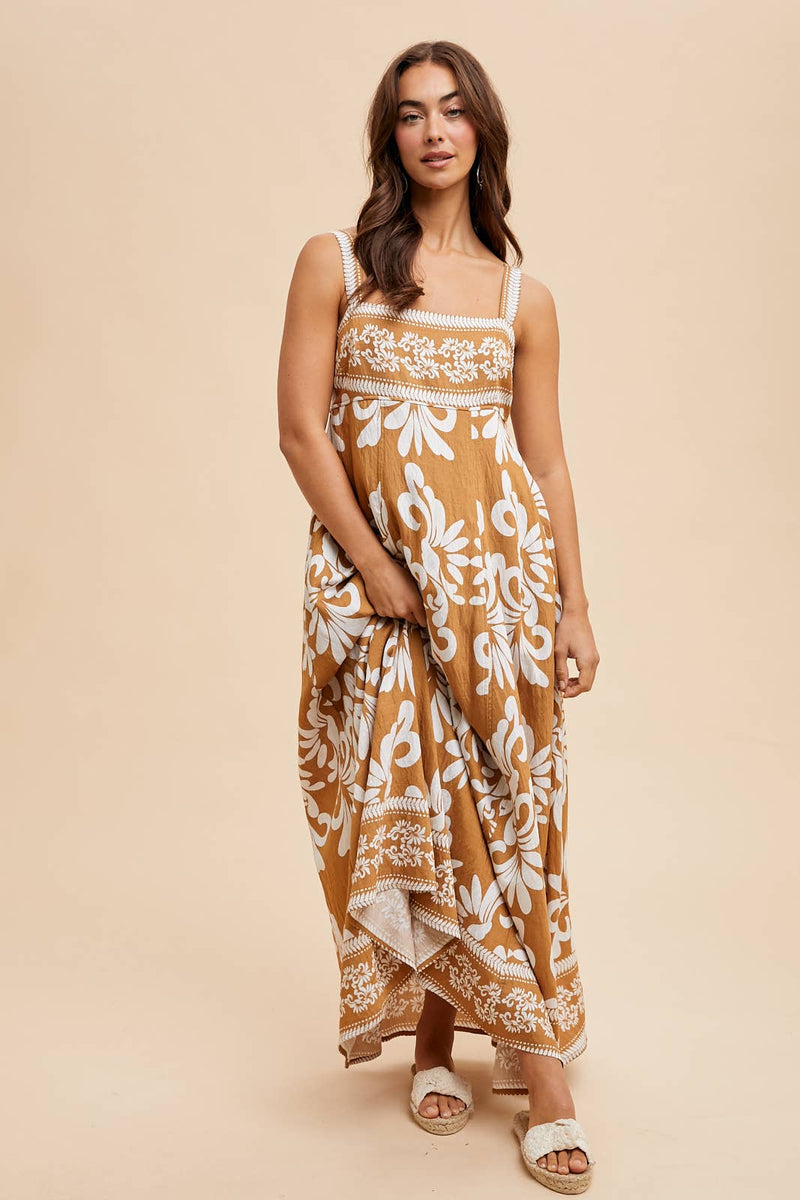RESORT BORDER PRINT MAXI DRESS: PALM/BRAN