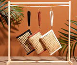 Tan Woven  Rattan & Leather  Wristlet Pouch  | Summer Luxe