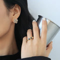 18k gold Clover White and black fun Checker Stud Earring