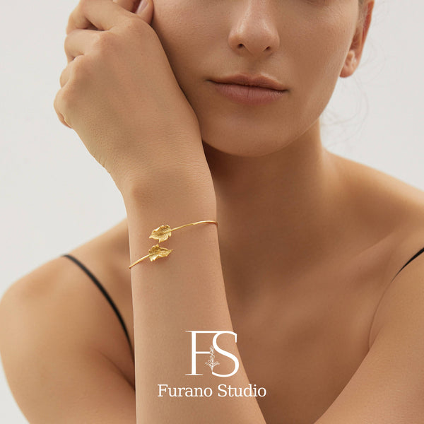 Gold Leaf Bracelet, Non Tarnish Gold Open Bangle Bracelet
