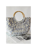 BLUE AND WHITE COLOR BLOCK RATTAN STRAW BAG