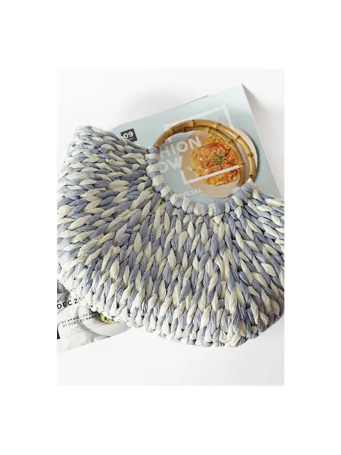 BLUE AND WHITE COLOR BLOCK RATTAN STRAW BAG