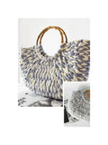 BLUE AND WHITE COLOR BLOCK RATTAN STRAW BAG
