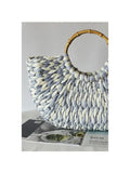 BLUE AND WHITE COLOR BLOCK RATTAN STRAW BAG
