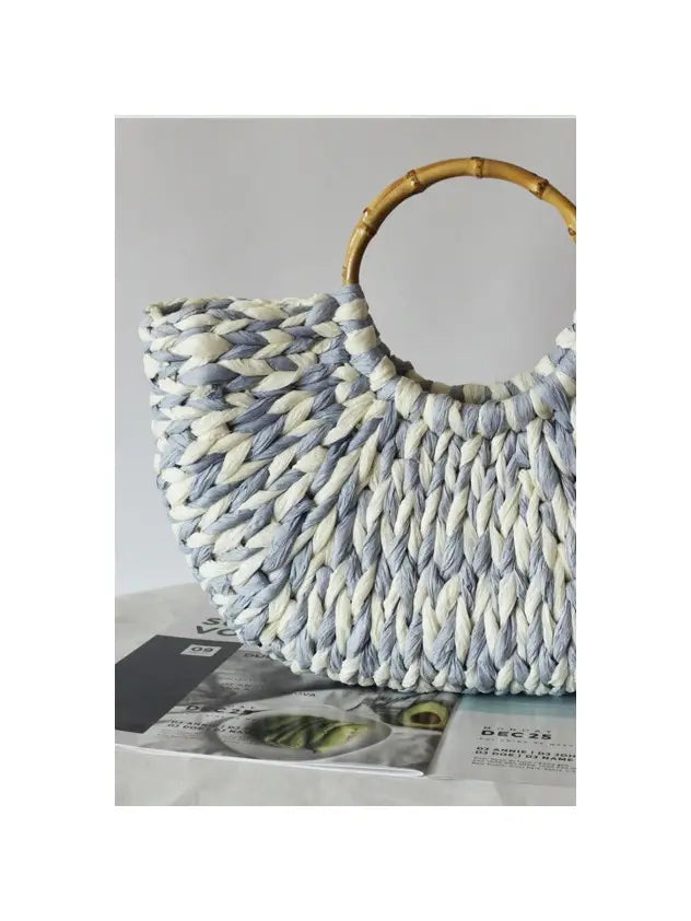 BLUE AND WHITE COLOR BLOCK RATTAN STRAW BAG