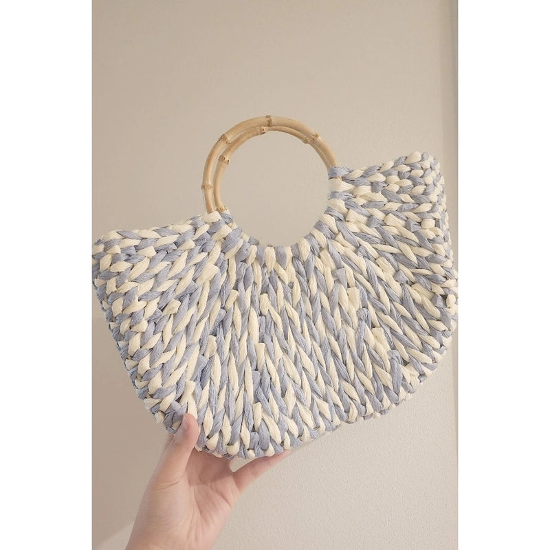 BLUE AND WHITE COLOR BLOCK RATTAN STRAW BAG