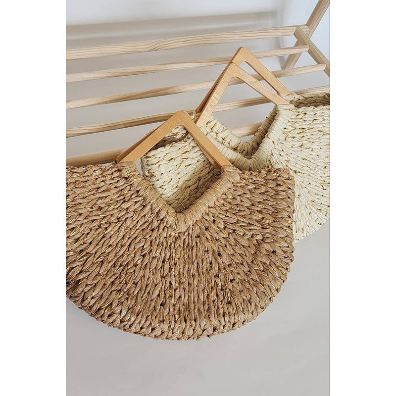 GOLD ACCENT RATTAN STRAW BAG WITH DIAMOND HANDLE (NATURAL)
